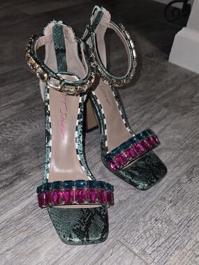 Betsey Johnson Emerald Green Jeweled Ankle-Strap Heels